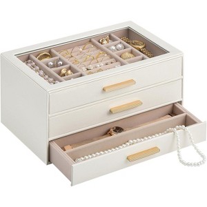 3-Layer Jewelry Box with Glass Lid, Organizer Storage Case for Rings, Earrings, Bracelets & Necklaces, Beige - 1 of 4