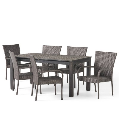 Hayes 7pc Wood & Wicker Expandable Dining Set - Sandblast Dark Gray/Gray - Christopher Knight Home