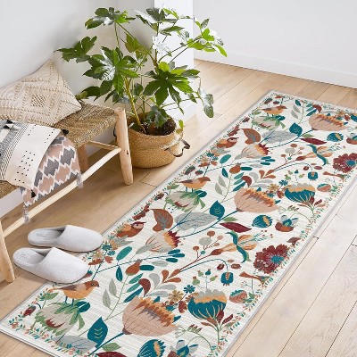 Area Rug Washable Bohemian Bird Floral Bedroom Low-Pile Soft Playroom Carpet, Jungle Pattern Vintage Indoor Floor Rug for Living Room and Nursery