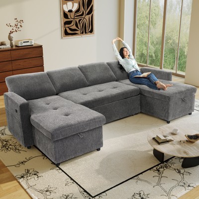 Vipbear 108" 4 Seat Modular Sectional Sofa with USB Ports/Adjustable Backrest/2 Storage Seats