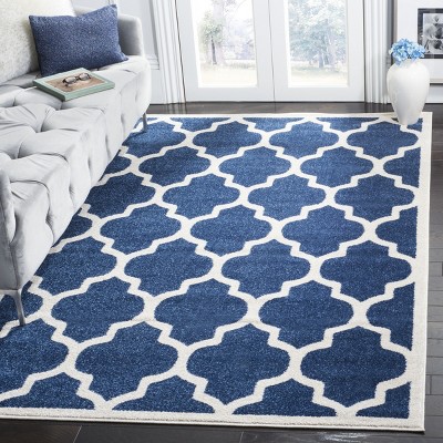 Navy and Beige 36" Square Geometric Synthetic Area Rug