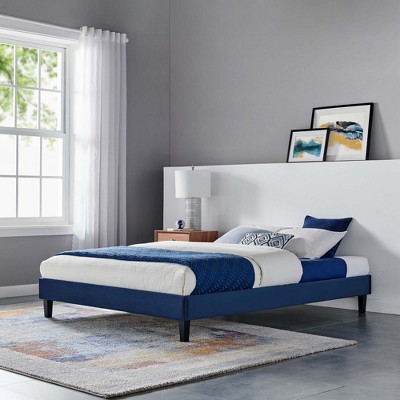 Elegant Navy King Platform Bed with Velvet Upholstery and Wood Frame