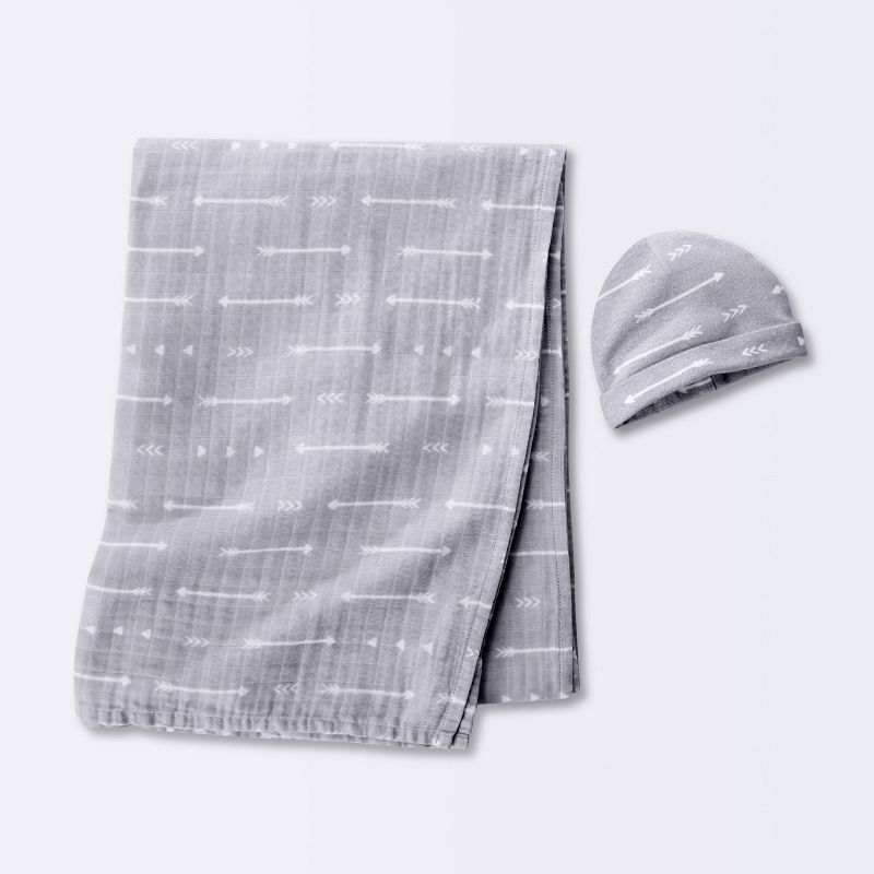 Hospital Muslin Swaddle Baby Blanket and Hat Gift Set - Gray Arrow - 2pk - Cloud Island&#8482;, 1 of 9