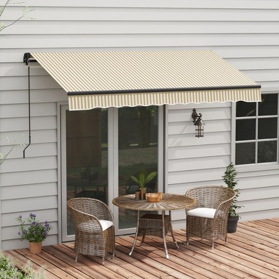 VisioGear Retractable Awning, 12'*10' Patio Awnings with Manual Crank Handle for Deck, Yard, Beige & White, 155.5"*16.5"*59.6"