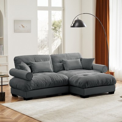Aukfa Grey Velvet Large Sofa with Bolster Armrests, Waist & Throw Pillows – Modern Couch for Living Room, Bedroom or Office