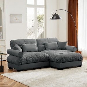 Aukfa Grey Velvet Large Sofa with Bolster Armrests, Waist & Throw Pillows – Modern Couch for Living Room, Bedroom or Office - 1 of 4