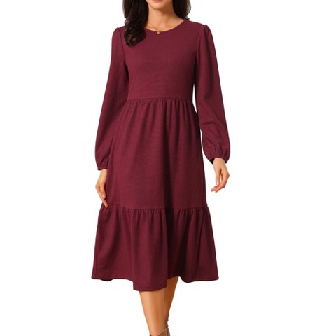 Женские платья INSPIRE CHIC Women's Fall Long Sleeve Round Neck Tiered Casual Knit A-Line Midi Dress with Pockets Burgundy Small
