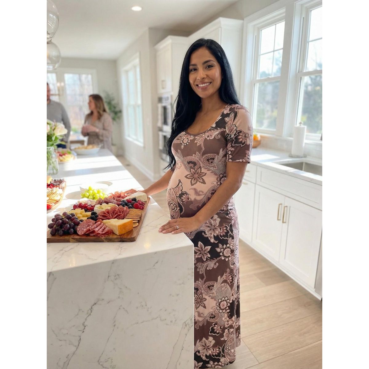 24seven Comfort Apparel Maternity Paisley Scoop Neck Elbow Sleeve A Line Maxi Dress - thumbnail 5
