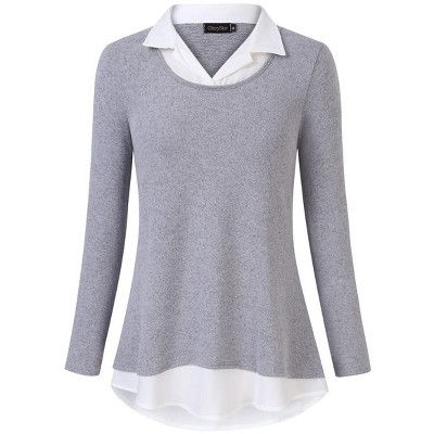 Clearlove Women's Casual Contrast Collar Shirt Long Sleeve Slim Fit Tunics Top