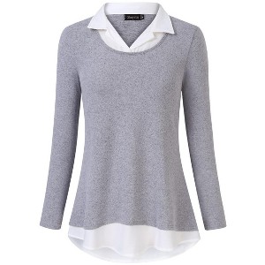 Clearlove Women's Casual Contrast Collar Shirt Long Sleeve Slim Fit Tunics Top - 1 of 3