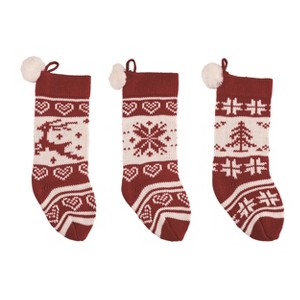 Transpac Knit Pom Pom Stocking Set of 3 Christmas Home Decorations - 1 of 1