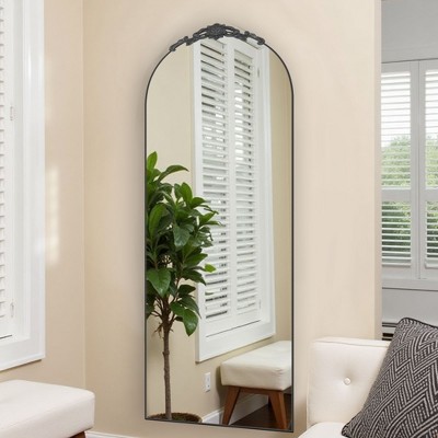 62.4x24.96 Inch Vintage Carved Wooden Right Angle Arched Black Full-Length Mirror (With Bracket)
