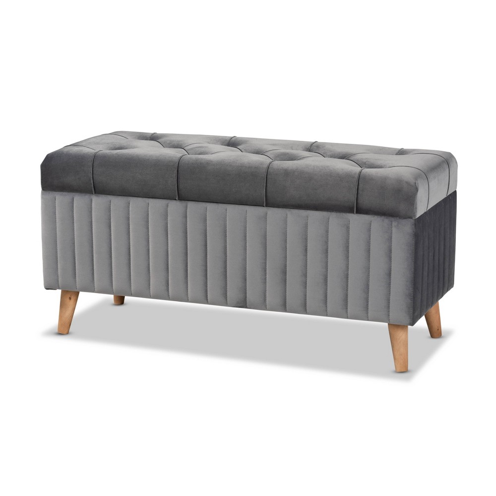 Photos - Pouffe / Bench Hanley Velvet Fabric Upholstered and Wood Storage Ottoman Gray/Walnut Brow