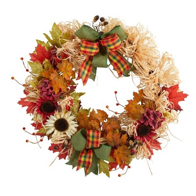 Nearly Natural 30” Harvest Autumn Sunflower, Maple Leaves and Berries Artificial Fall Wreath with Decorative Bows