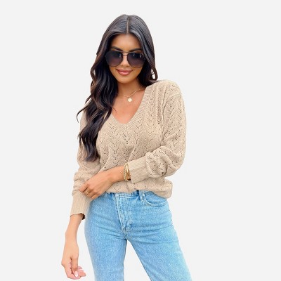 Women's Pointelle Knit V Neck Long Sleeve Sweater -Cupshe-S-Beige