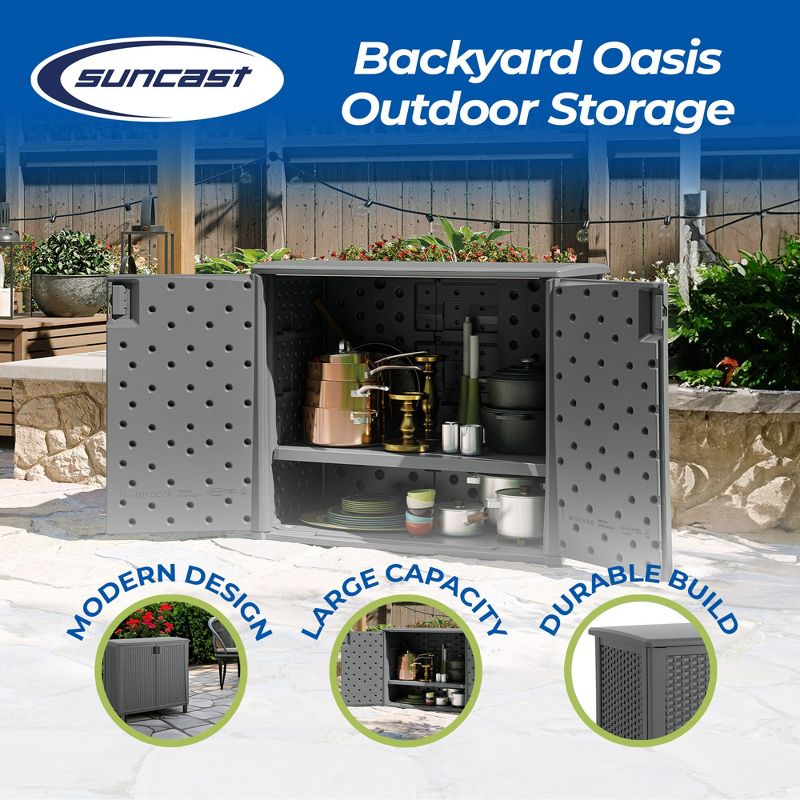 Suncast Lockable Outdoor 2-Door Cabinet Deck Box with Adjustable Shelf for Lawn, Garden, Patio, & Pool Accessory Storage, Cool Gray, 2 of 7