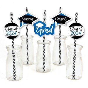 Big Dot of Happiness Blue 2024 Graduation Paper Straw Decor - Party Striped Decorative Straws - Set of 24 - 1 of 4