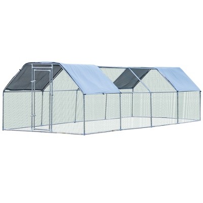 PawHut Chicken Coop Galvanized Metal Hen House Large Rabbit Hutch Poultry Cage Pen Backyard with Cover, Walk-In Pen Run