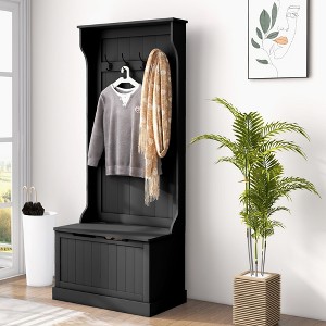 TIRAMISUBEST 28" 3-In-1 Entryway Hall Tree with Storage Bench, Coat Rack with Four Hooks and Shoe Storage, Black - 1 of 4