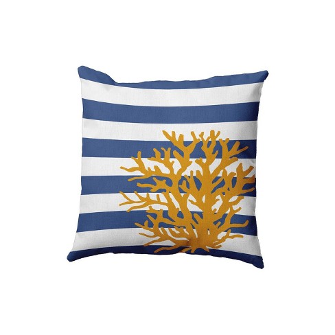 e by design 16"x16" Coral and Striped Square Throw Pillow: Nautical Navy, Indoor Use, Polyester Fiber Fill - image 1 of 4