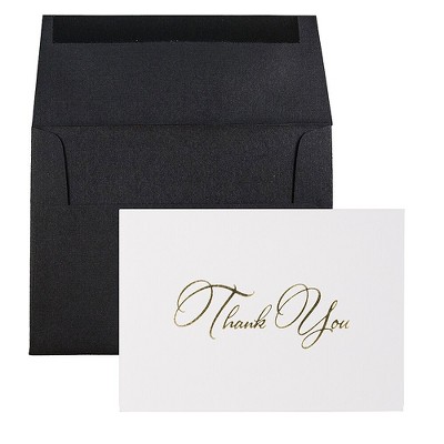 JAM Paper Thank You Card Sets White Care w/Gold Script & Black Linen Envelopes 526887800