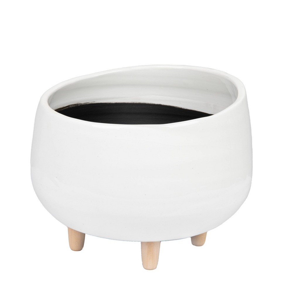 8" x 12.5" Planter with Wood Feet White - Storied Home: Ceramic, No Assembly, Indoor Use, Drain Plug