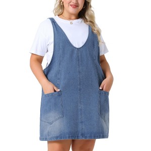 Agnes Orinda Women's Plus Size Denim Sleeveless V-neck Mini Casual Jean Overall Dress with Pocket - 1 of 4