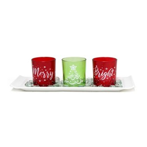 HomeRoots Set of Four Red Green And White Glass Christmas Tabletop Candle Holders - 1 of 4