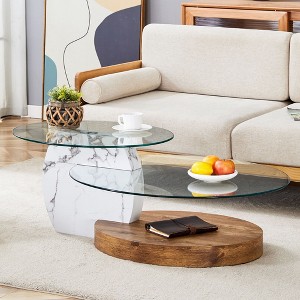 PAGED Modern Wood Grain Nesting Design Oval Coffee Table with Glass Top,2-Layer Tea table Center Table for Living Room,Bedroom - 1 of 4