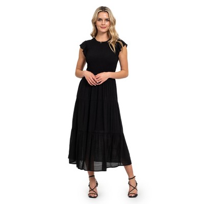 August Sky Women's Smocked Ruffle Sleeve Tiered Midi Dress