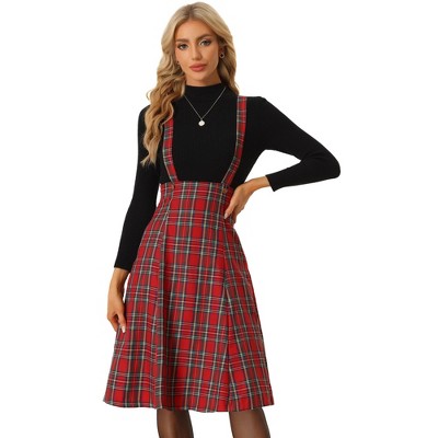 INSPIRE CHIC Women's Christmas Plaid Midi Tartan Pinafore Skirt
