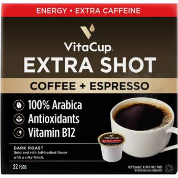 VitaCup Extra Shot Coffee Pods w/Espresso shot for High Caffeine - 32ct