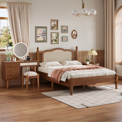 3-Piece Bedroom Set with Queen/Full Size Wooden Bed, 1 Vintage Nightstand and 1 Makeup Vanity Set with Stool 4B - ModernLuxe