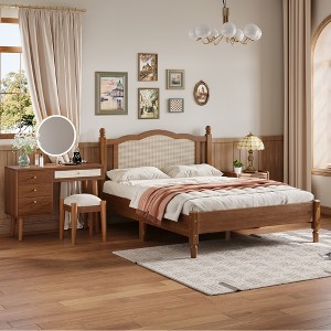 3-Piece Bedroom Set with Queen/Full Size Wooden Bed, 1 Vintage Nightstand and 1 Makeup Vanity Set with Stool 4B - ModernLuxe - 1 of 4
