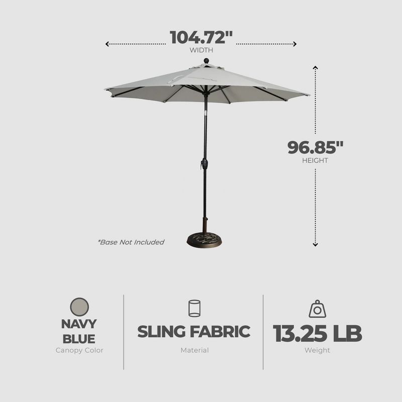 Four Seasons Courtyard 9 Foot Round Sling Fabric Highland Market Umbrella with Push Button Tilt System for Angle Adjustment, Gray, 4 of 7
