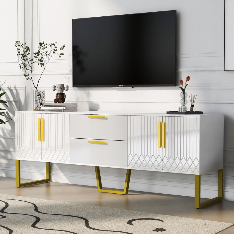 Modern Wood TV Stand for TVs up to 75" with Gold Metal Legs, Handles and Drawers - ModernLuxe, 1 of 11