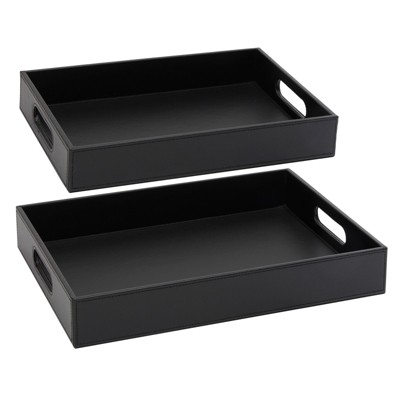 Juvale 2-Pack Wooden Nesting Serving Tray Set with Stitched Faux Leather Skin and 2 Handles in 2 Sizes, 13.8x9.9x2.3 and 15.8x12x2.5 in, Black