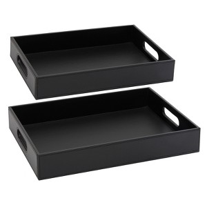 Juvale 2-Pack Wooden Nesting Serving Tray Set with Stitched Faux Leather Skin and 2 Handles in 2 Sizes, 13.8x9.9x2.3 and 15.8x12x2.5 in, Black - 1 of 4