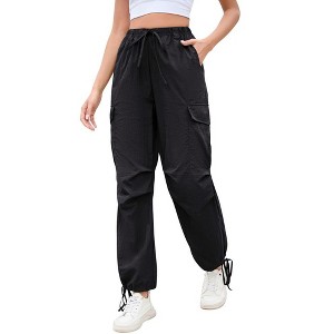 MISSKY Womens Parachute Cargo Pants with Pockets Drawstring Hiking Pants Lightweight Low Waist Baggy Joggers - 1 of 4