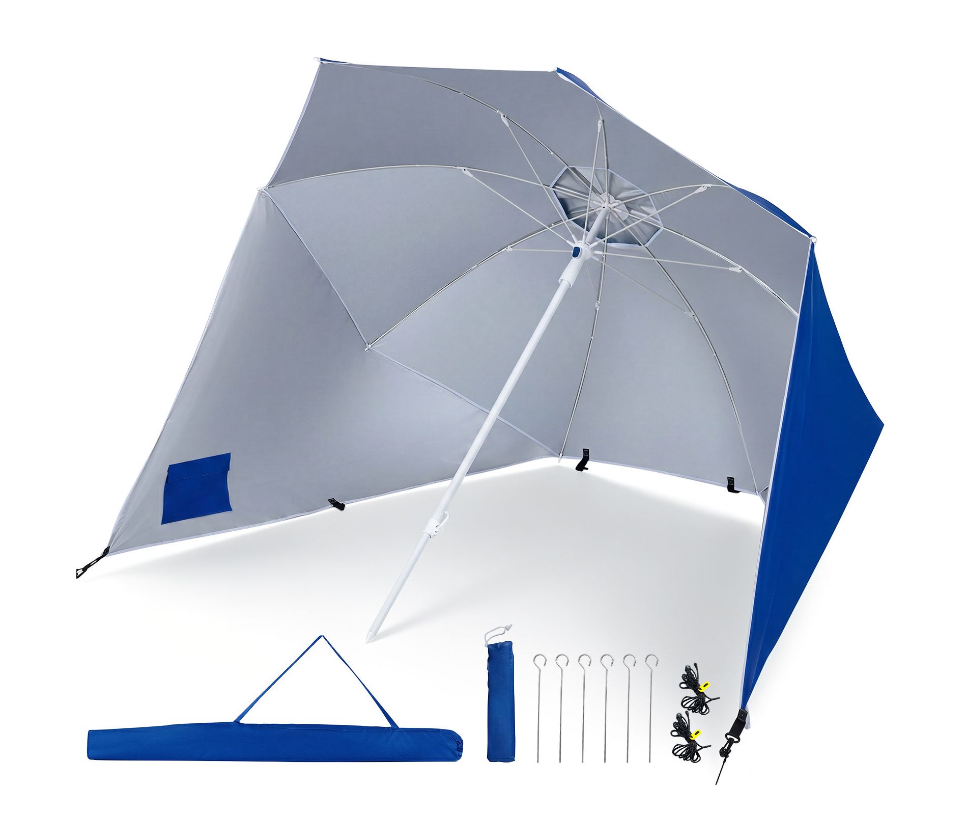 Costway 2-In-1 Beach Shelter Umbrella with 2 Side Panels, Sand Anchor, Fiberglass Ribs Blue/Turquoise