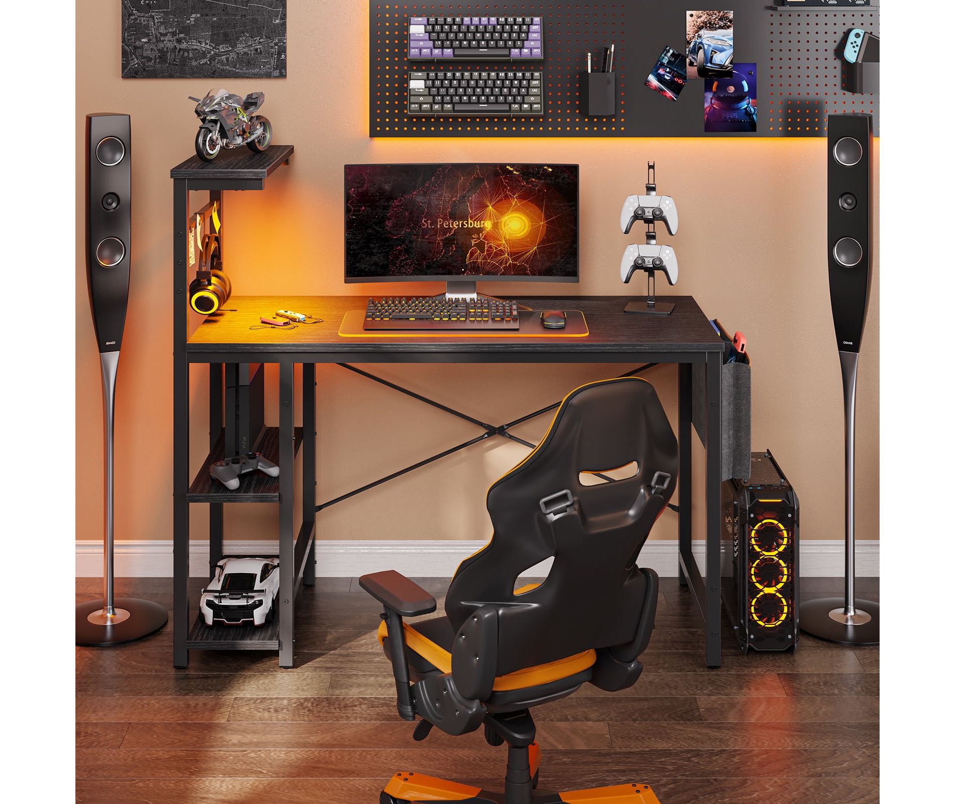 Bestier 44” Gaming Desk with LED Lights, PC Gamer Desk with 4 Tier Adjustable  Shelves & Storage Bag for Small Spaces, Black Grained