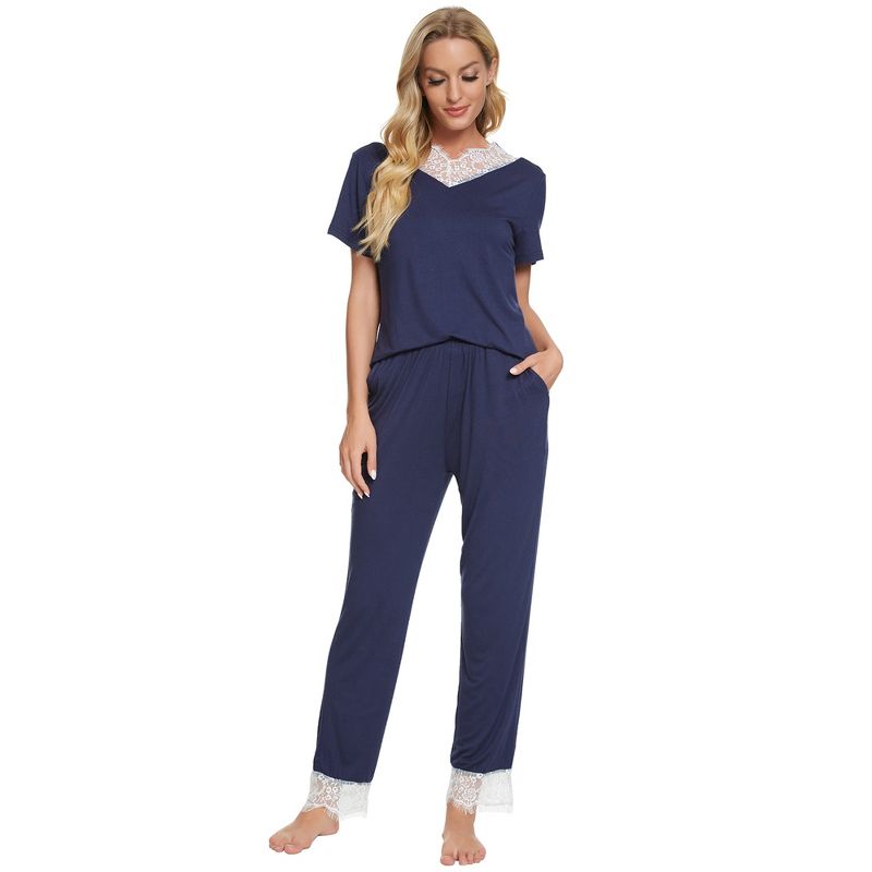 cheibear Womens Sleepwear V-Neck with Lace Nightwear with Pants Loungewear Pajama Set, 2 of 6