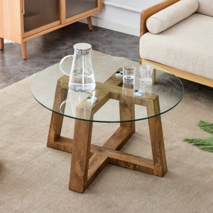 Round Coffee Tea Table,Modern End Table With Tempered Glass Tabletop And Wood Legs,Center Table For Living Room Bedroom-Cuddlewood - 1 of 4