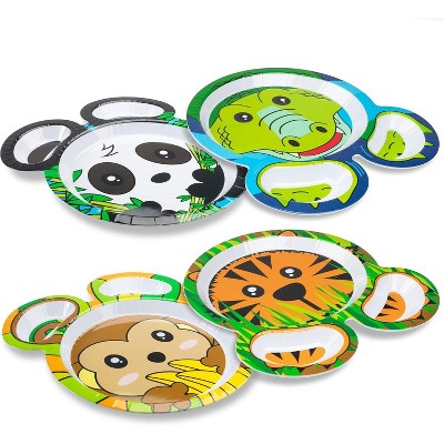Bentology Zoo Friends Mealtime Melamine Feeding Plates - Set of 4 Animal Pal Dishes- Panda, Alligator, Tiger & Monkey - Great Christmas Gift for Kids