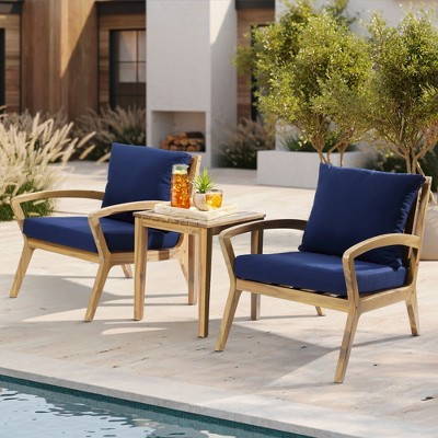 Acacia Wood Outdoor Conversation Set with Blue Cushions