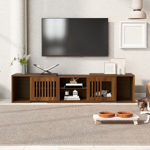 Extendable TV Stand with Cat Cushion, Pet-Friendly Entertainment Center with Sliding Door, Wooden Media TV Console Table for Living Room Bedroom - 1 of 4