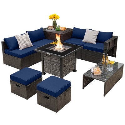 Tangkula 9 Pieces Furniture Set w/ 50,000 BTU Propane Fire Pit Table Patio Navy