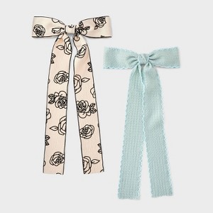 Floral Print and Solid Bow Hair Clip Set 2pc - Wild Fable™ Beige/Teal Green - 1 of 3