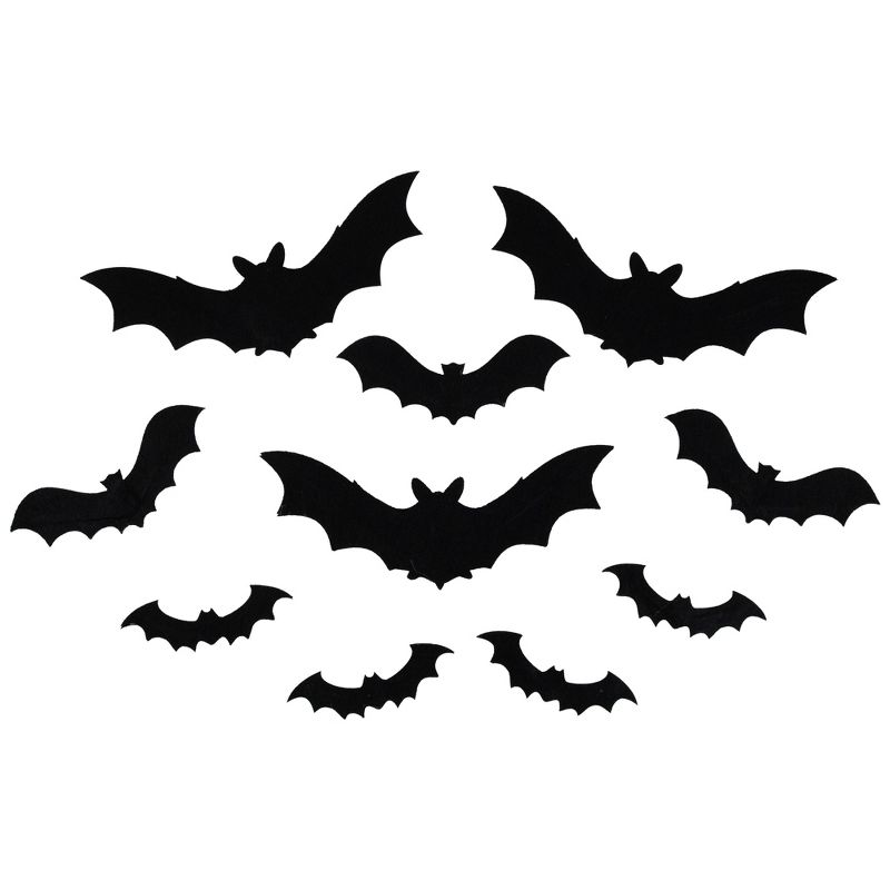 Northlight Set of 10 Black Halloween Posable Felt Bats 12", 1 of 7