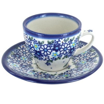 Blue Rose Polish Pottery Daisy Maze Tapered Espresso Cup & Saucer